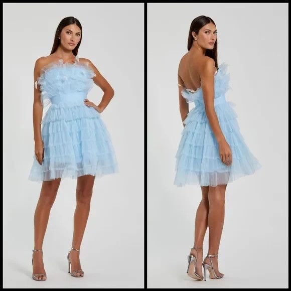 Mac Duggal 20529 Blue Feathered Strapless Tulle Fit & Flare Mini Dress NWT - Picture 2 of 6
